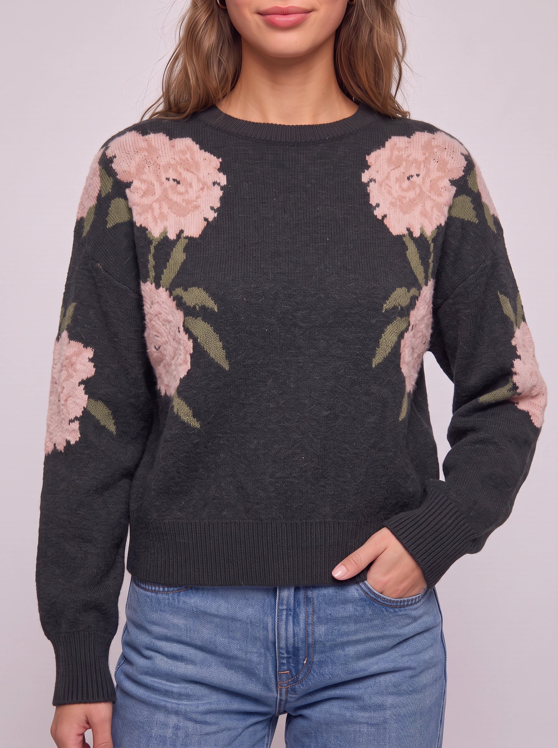 Pull en maille à motifs floraux Peona - pull noir à col rond pour femme, coupe oversize, pull d’automne décontracté et ample