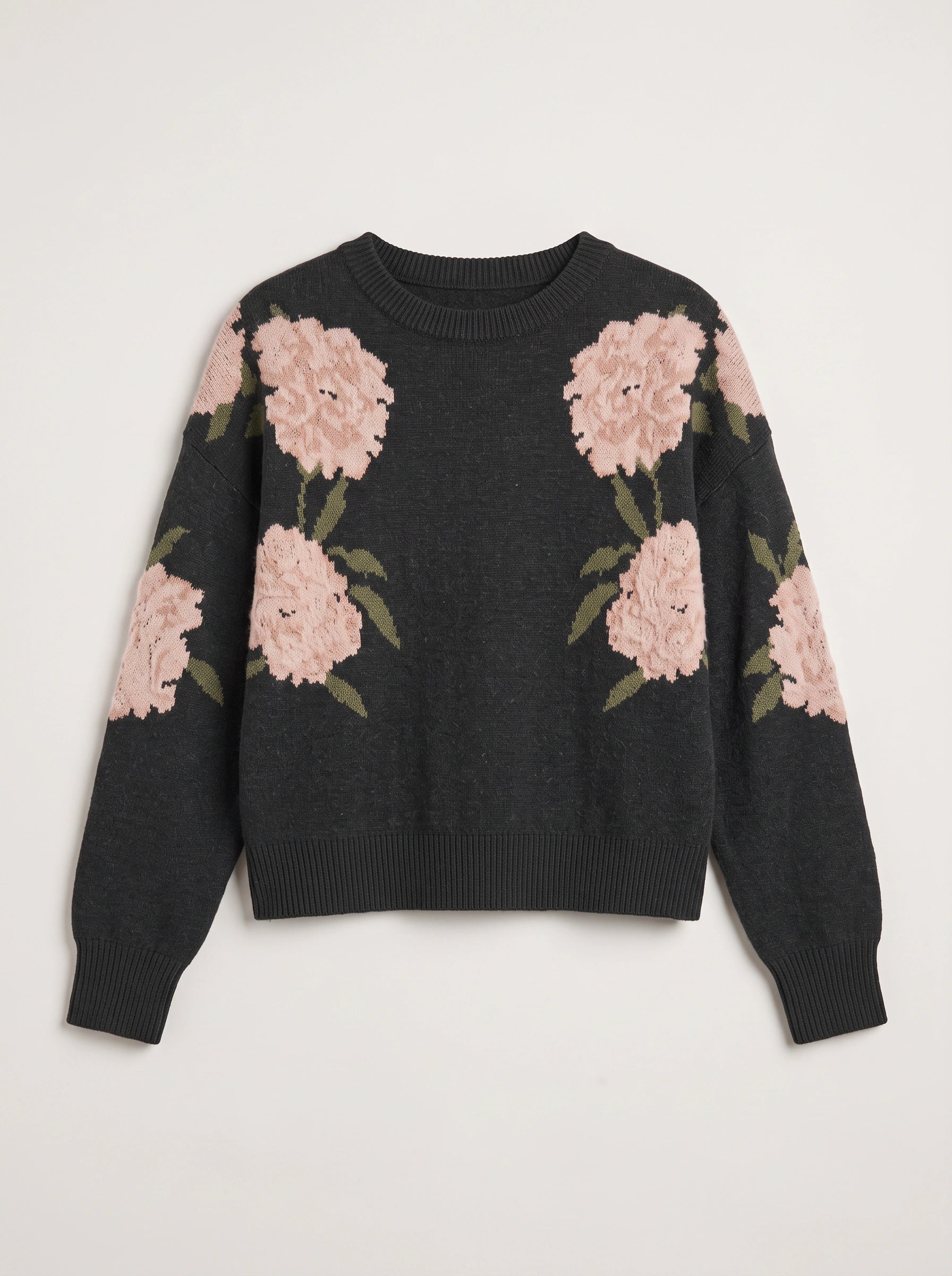 Pull en maille à motifs floraux Peona - pull noir à col rond pour femme, coupe oversize, pull d’automne décontracté et ample