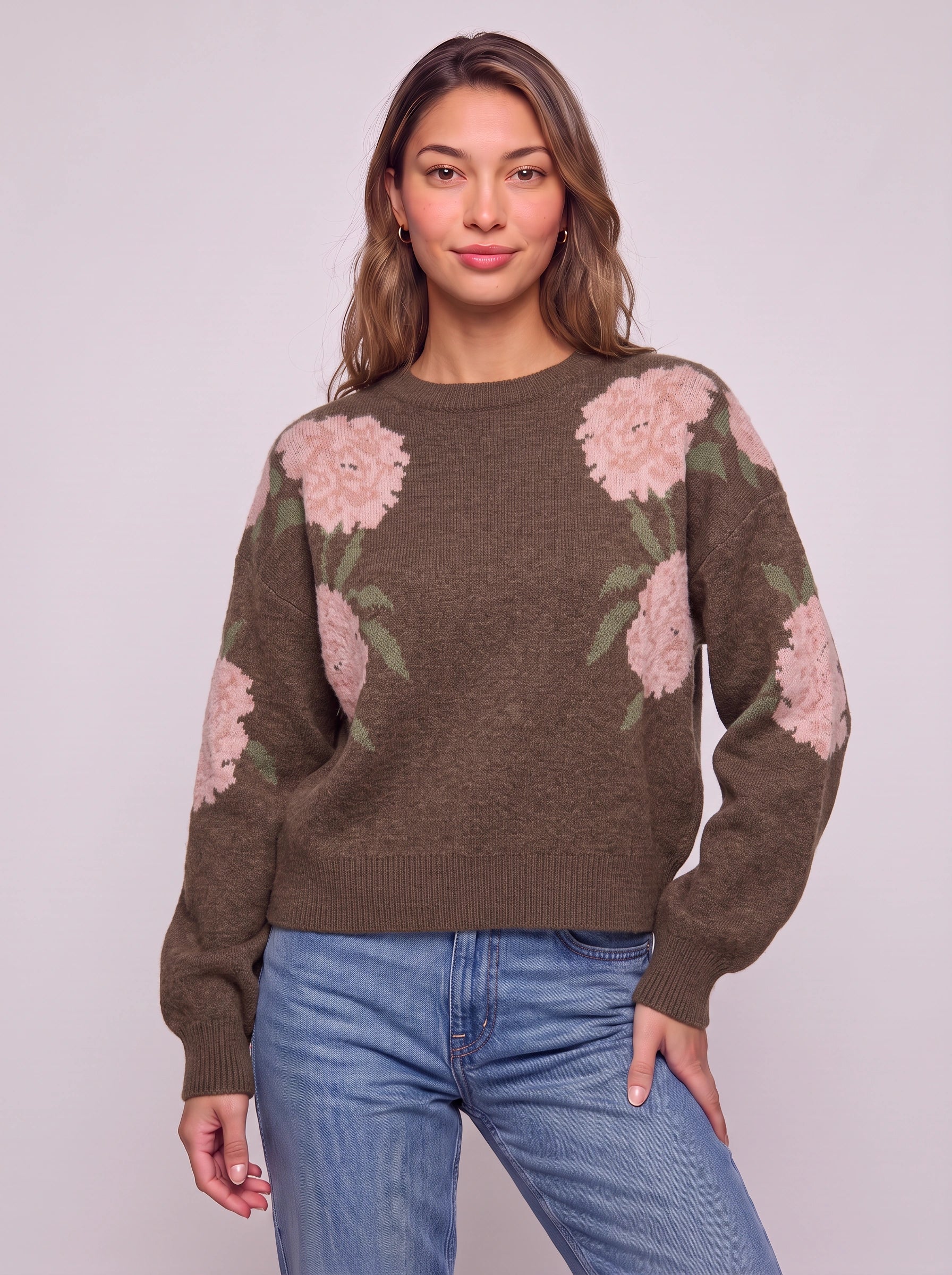 Pull en maille à motifs floraux Peona - pull noir à col rond pour femme, coupe oversize, pull d’automne décontracté et ample