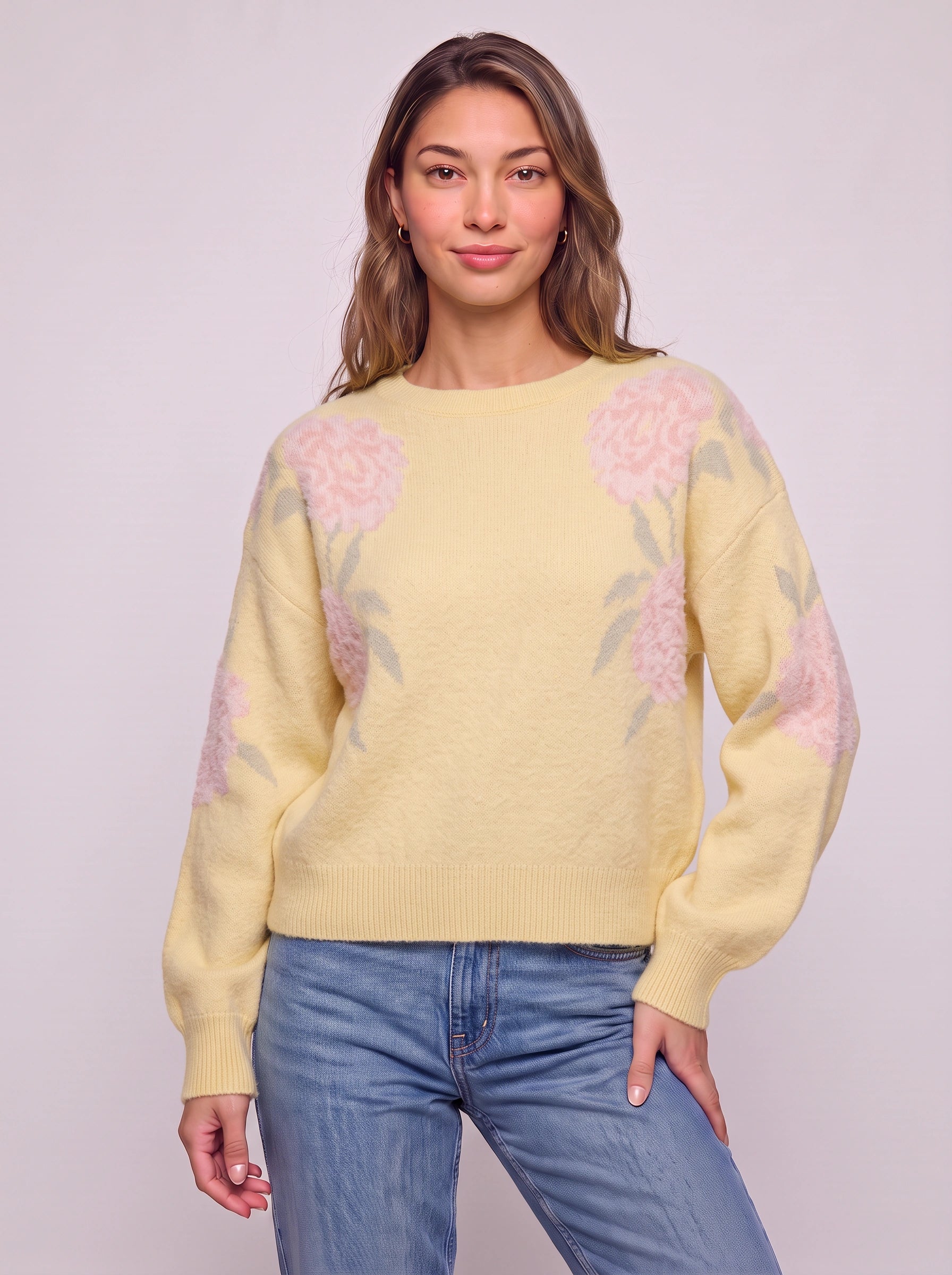 Pull en maille à motifs floraux Peona - pull noir à col rond pour femme, coupe oversize, pull d’automne décontracté et ample