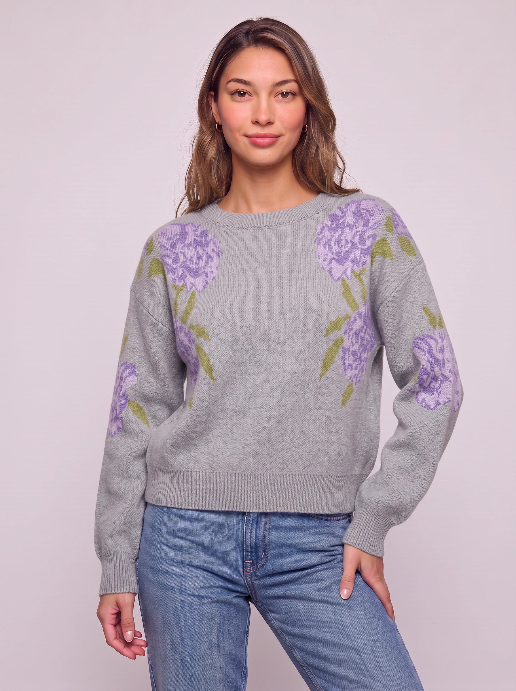 Pull en maille à motifs floraux Peona - pull noir à col rond pour femme, coupe oversize, pull d’automne décontracté et ample