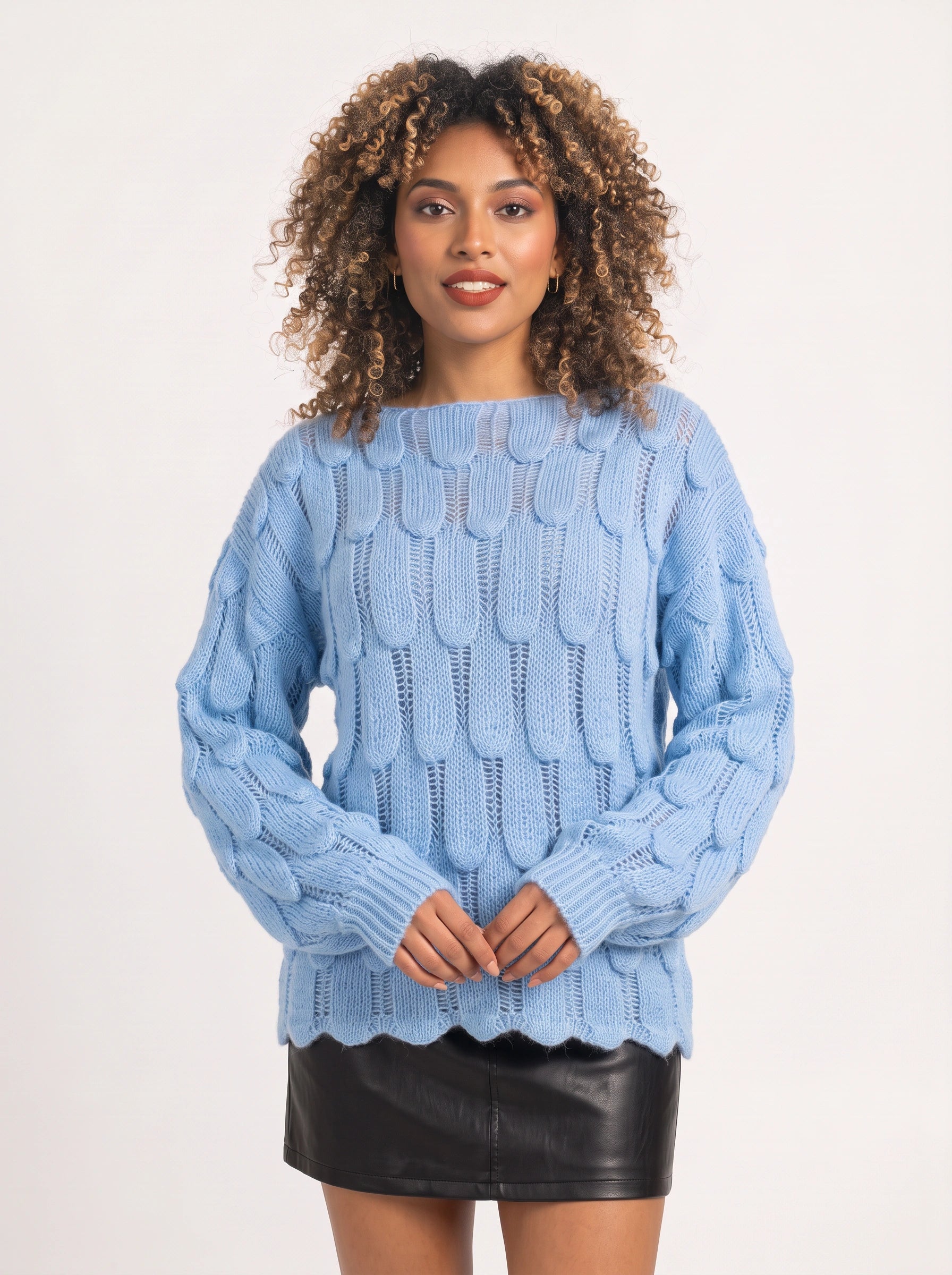 Tressea Cable Knit Oversized Sweater – Light Blue Cable Knit Sweater Women Chunky Pullover Casual Loose Knit Top