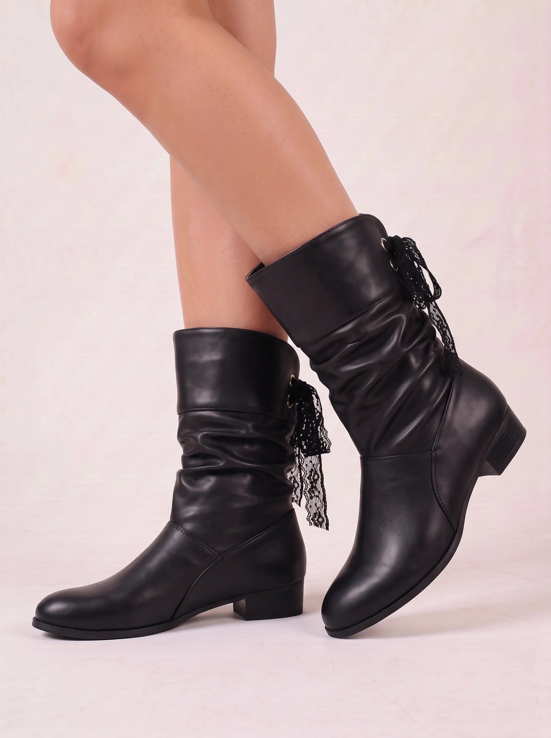 Ruschette Mid-Calf Slouch Boots – Faux Leather Ruched Bow Tie Back Lace-Up Block Heel Women Boots