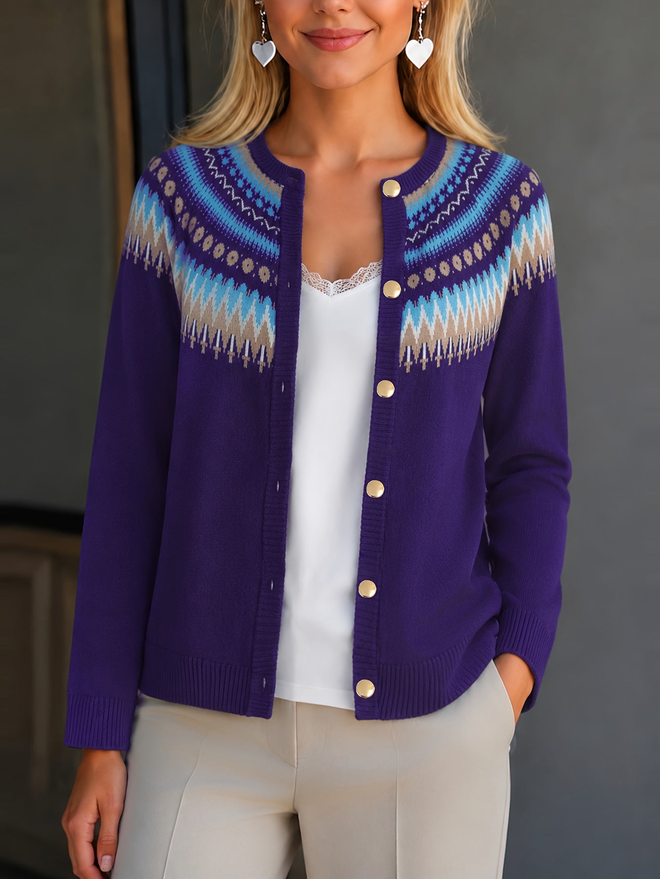 Gilet boutonné à motif Fair Isle Ondri – Haut à manches longues boutonné pour femme, pull en maille jacquard bleu marine, beige et bleu