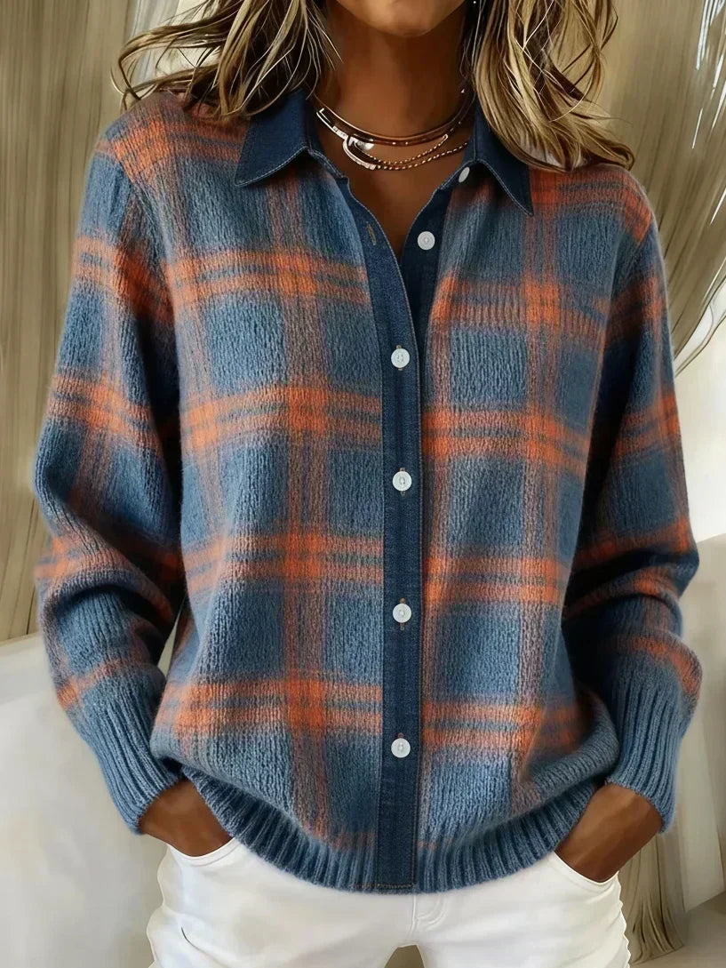 Casagrid Oversized Plaid Shirt – Knit Button Down Women Long Sleeve Casual Relaxed Fit Collared Blouse Shirt