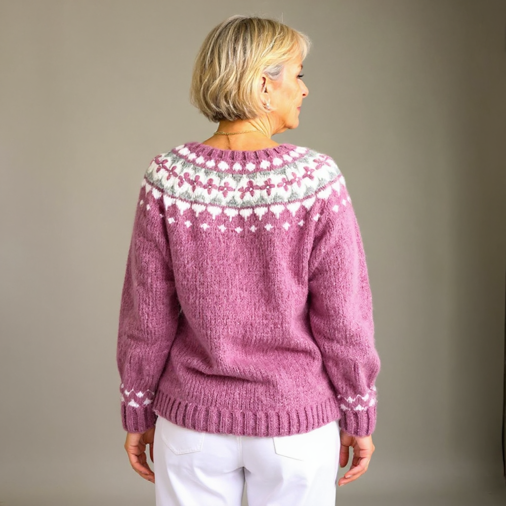 Cardigan Fjoriana en maille à motif Fair Isle - Pull cardigan femme à col rond, boutonné, motif nordique, en maille épaisse
