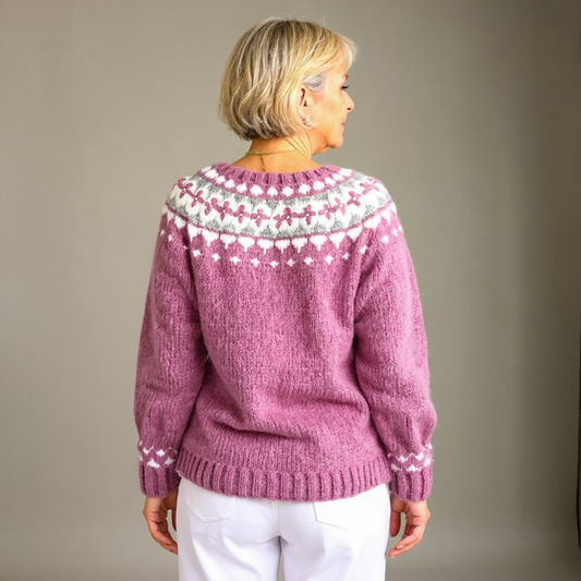 Cardigan Fjoriana en maille à motif Fair Isle - Pull cardigan femme à col rond, boutonné, motif nordique, en maille épaisse