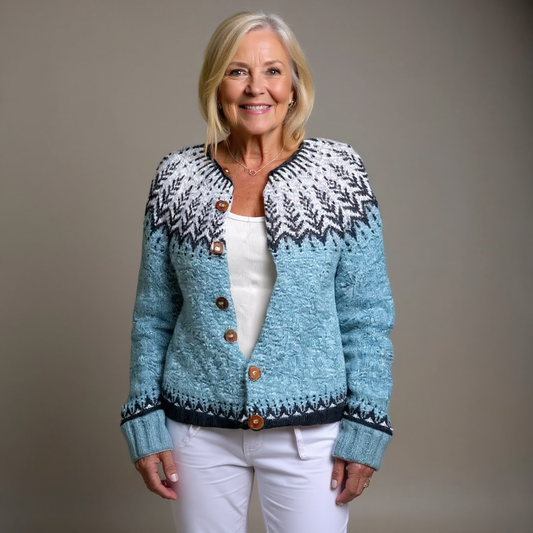 Cardigan Frostig boutonné à motif Fair Isle - Pull cardigan femme en maille crochetée, motif nordique, poignets côtelés