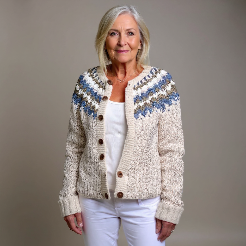 Fjordyn Fair Isle Button Cardigan – Chunky Knit Patterned Women Nordic Vintage Cozy Cardigan