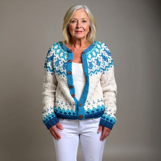 Cardigan Nivora en maille à motif Fair Isle - Cardigan femme chaud, vintage nordique, boutonné, en maille épaisse pour l’automne