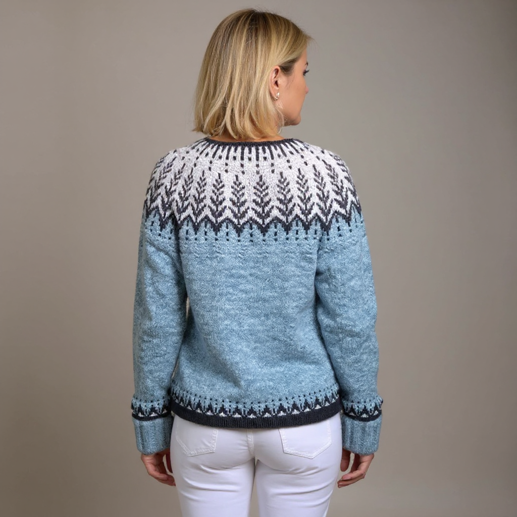 Cardigan Frostig boutonné à motif Fair Isle - Pull cardigan femme en maille crochetée, motif nordique, poignets côtelés