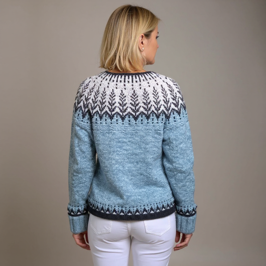 Cardigan Frostig boutonné à motif Fair Isle - Pull cardigan femme en maille crochetée, motif nordique, poignets côtelés