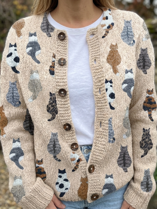 Cardigan Cattino en maille à motif de chat, boutonné sur le devant - Pull femme pour l’automne à imprimé fantaisie, col rond, long