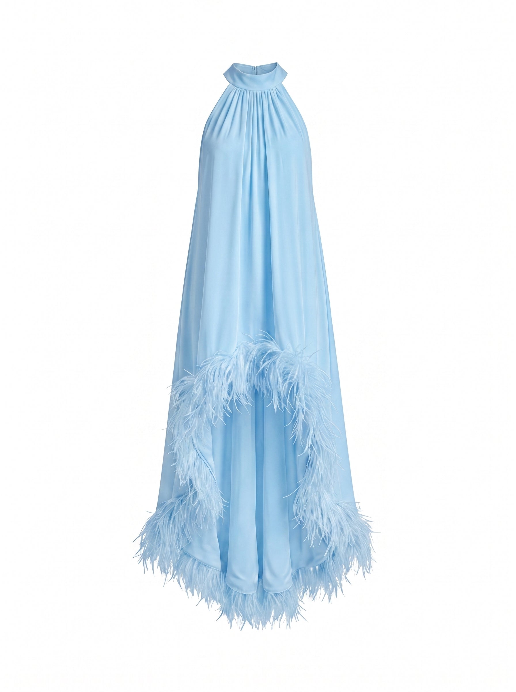 Piuma Feather-Trim Halter Maxi Dress – Yellow Halter Neck Dress Women Evening Formal Wedding Guest Maxi Dress