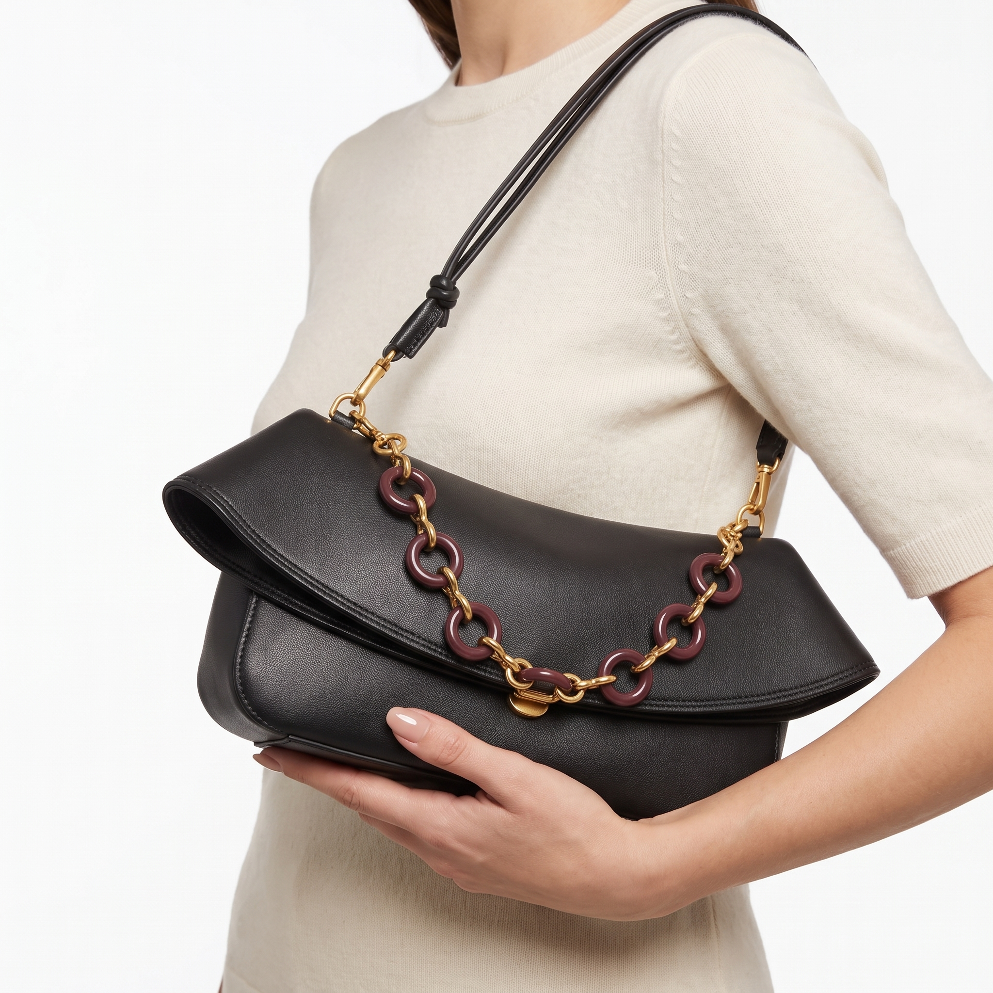 Aminta Chain Link Shoulder Bag – Structured Flap Handbag Women Tortoiseshell Accent Crossbody Purse
