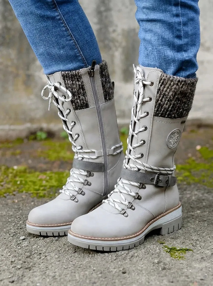 Bottines de combat à lacets Cordwell - Bottes de combat mi-mollet à plateforme pour femme, blanches, avec bord-côte en maille