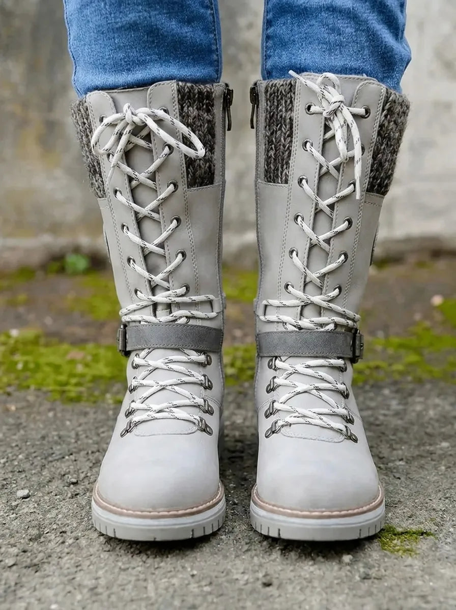 Bottines de combat à lacets Cordwell - Bottes de combat mi-mollet à plateforme pour femme, blanches, avec bord-côte en maille