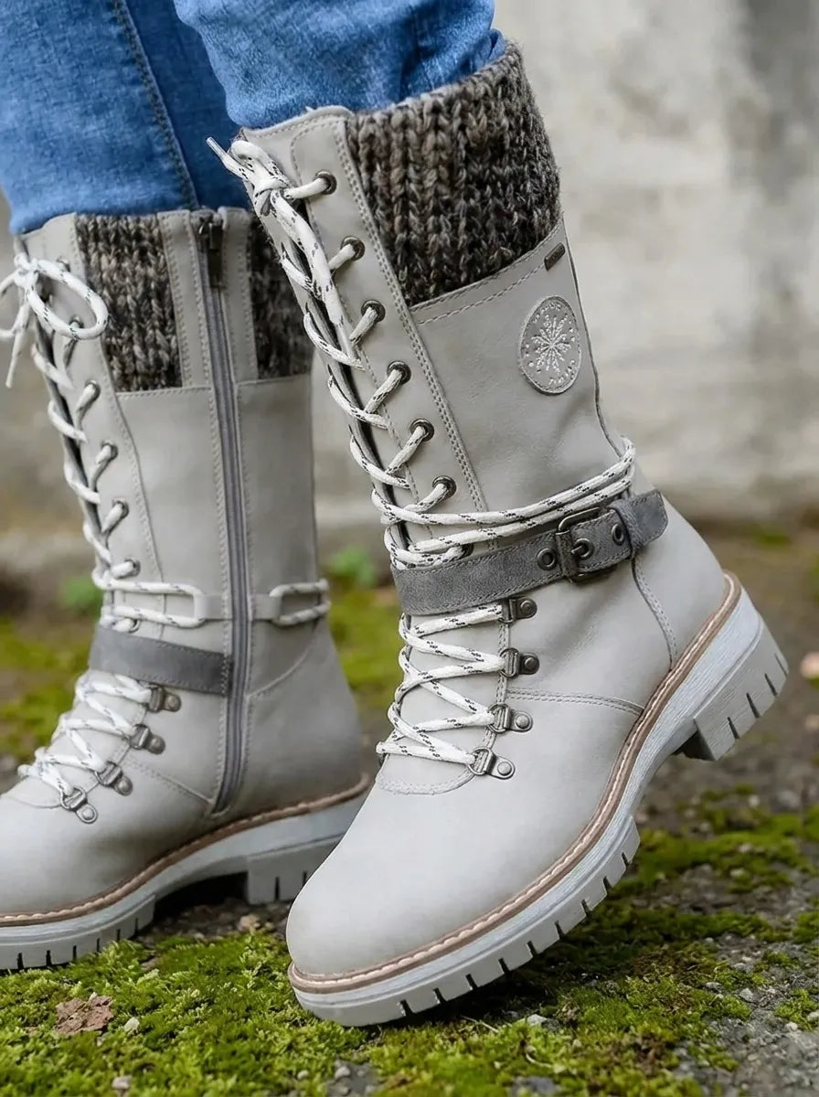 Bottines de combat à lacets Cordwell - Bottes de combat mi-mollet à plateforme pour femme, blanches, avec bord-côte en maille