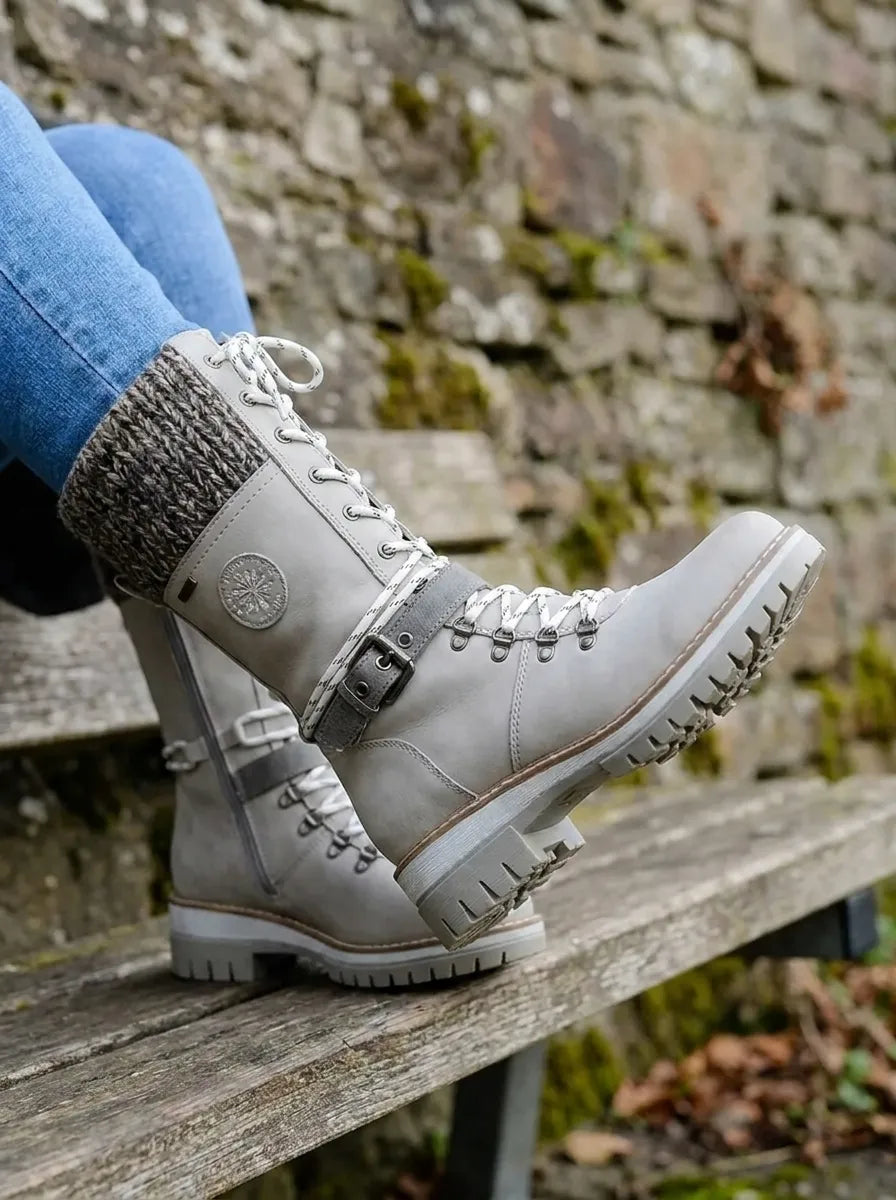 Bottines de combat à lacets Cordwell - Bottes de combat mi-mollet à plateforme pour femme, blanches, avec bord-côte en maille