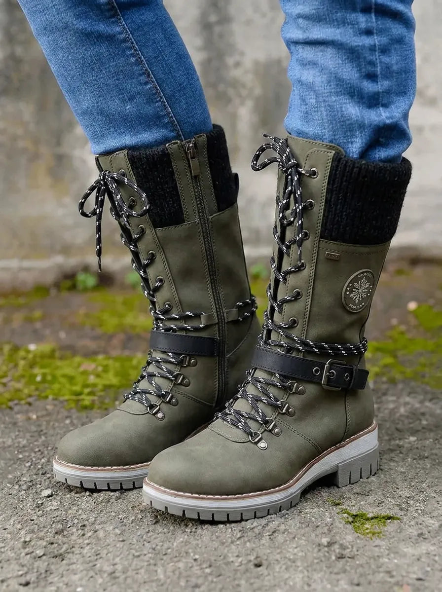 Bottines de combat à lacets Cordwell - Bottes de combat mi-mollet à plateforme pour femme, blanches, avec bord-côte en maille