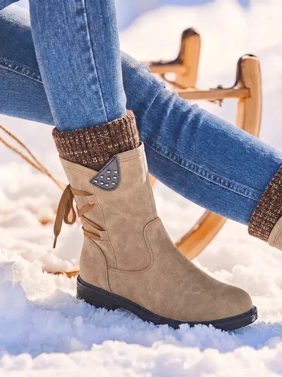 Bottes de neige mi-mollet cloutées Frostow - Bottes imperméables d’hiver pour femme, à lacets, avec bord-côte en maille
