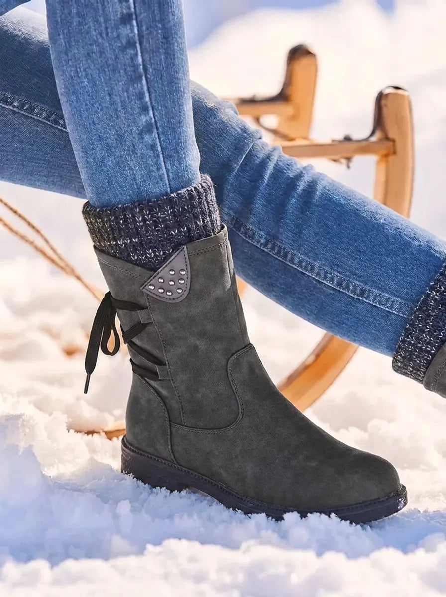 Bottes de neige mi-mollet cloutées Frostow - Bottes imperméables d’hiver pour femme, à lacets, avec bord-côte en maille
