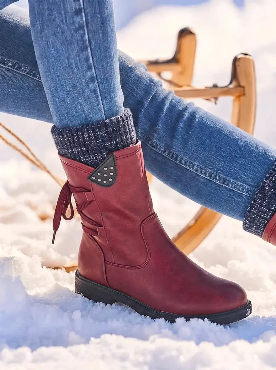 Bottes de neige mi-mollet cloutées Frostow - Bottes imperméables d’hiver pour femme, à lacets, avec bord-côte en maille