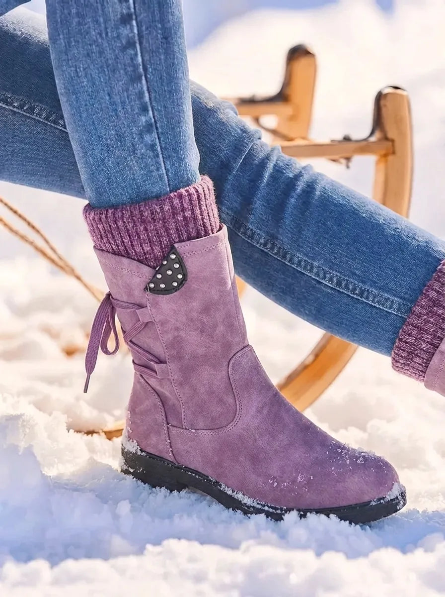 Bottes de neige mi-mollet cloutées Frostow - Bottes imperméables d’hiver pour femme, à lacets, avec bord-côte en maille