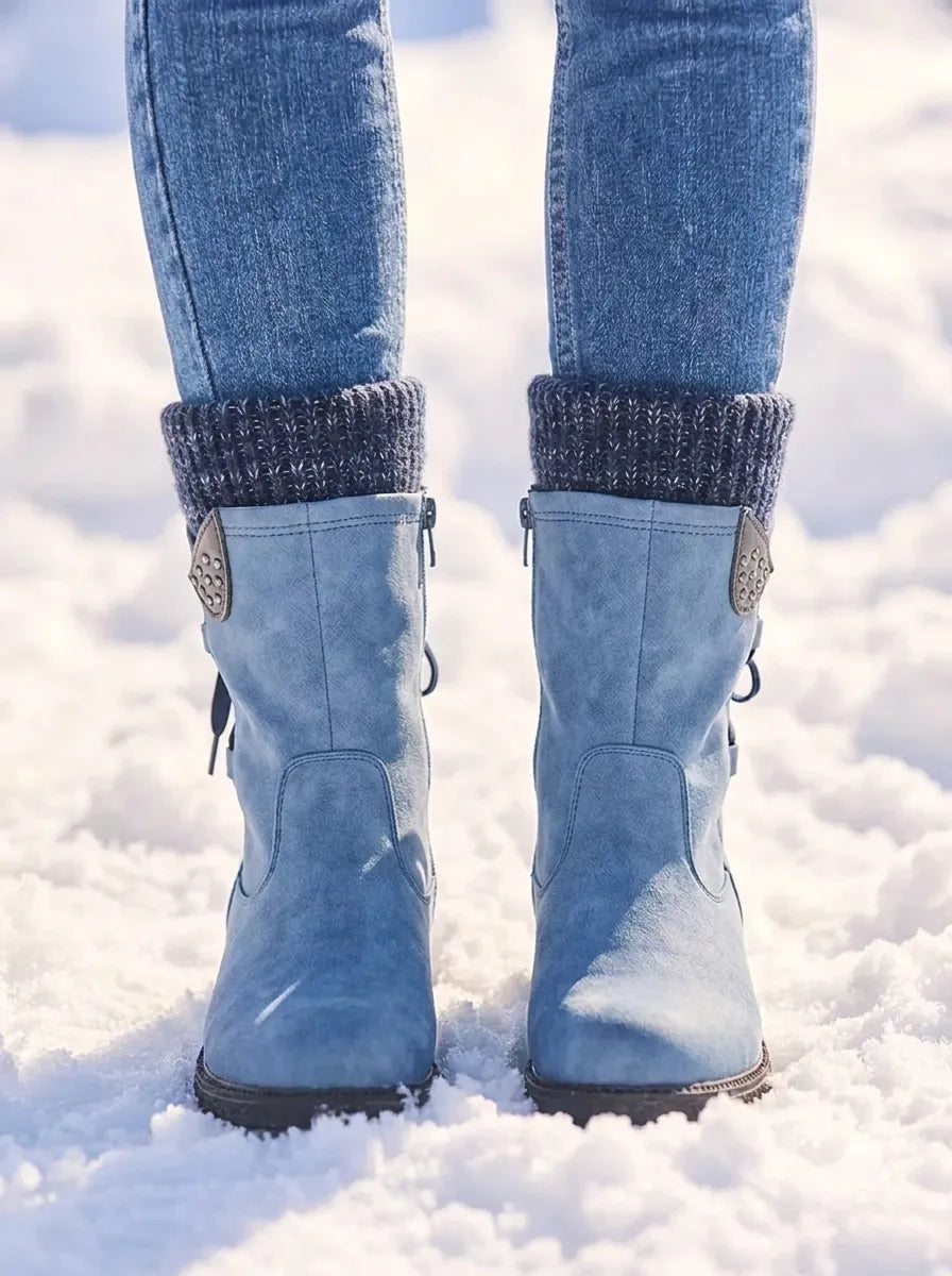 Bottes de neige mi-mollet cloutées Frostow - Bottes imperméables d’hiver pour femme, à lacets, avec bord-côte en maille