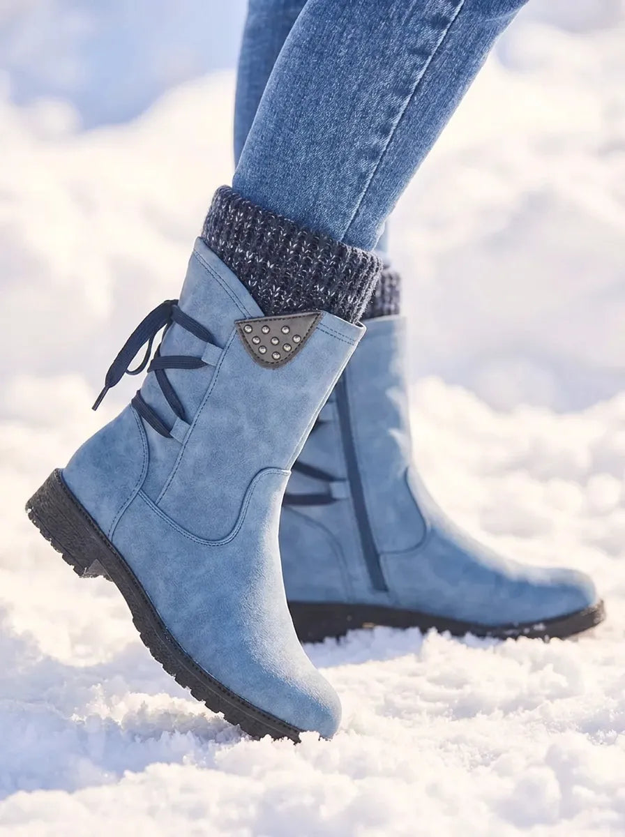 Bottes de neige mi-mollet cloutées Frostow - Bottes imperméables d’hiver pour femme, à lacets, avec bord-côte en maille
