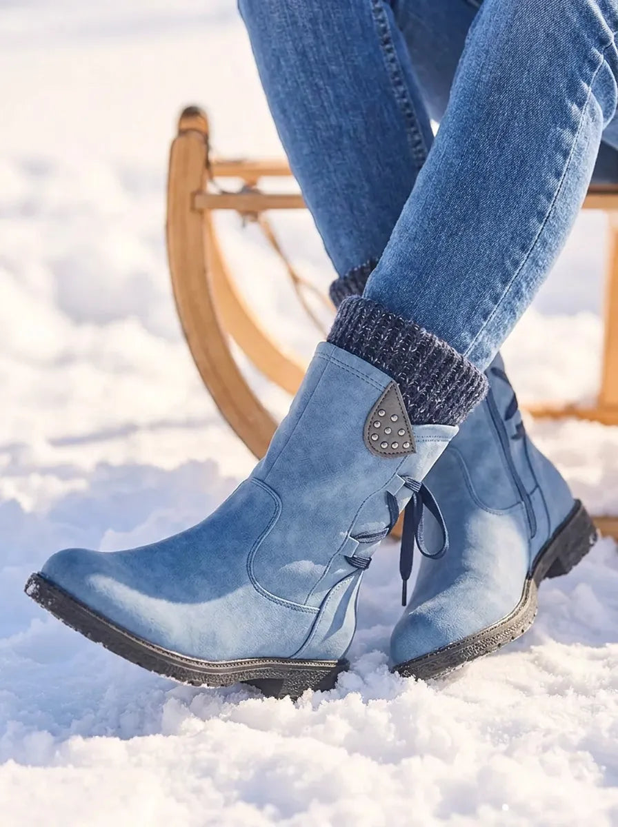 Bottes de neige mi-mollet cloutées Frostow - Bottes imperméables d’hiver pour femme, à lacets, avec bord-côte en maille