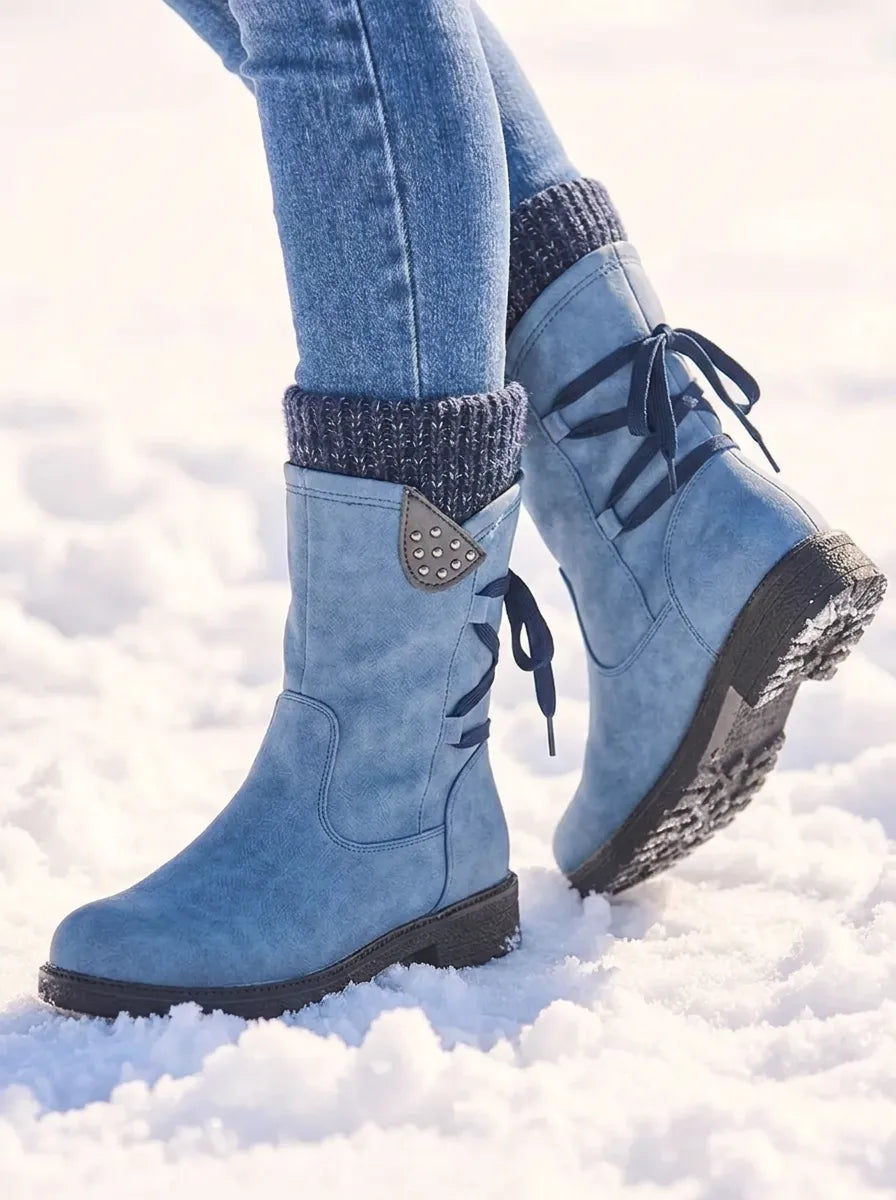 Bottes de neige mi-mollet cloutées Frostow - Bottes imperméables d’hiver pour femme, à lacets, avec bord-côte en maille