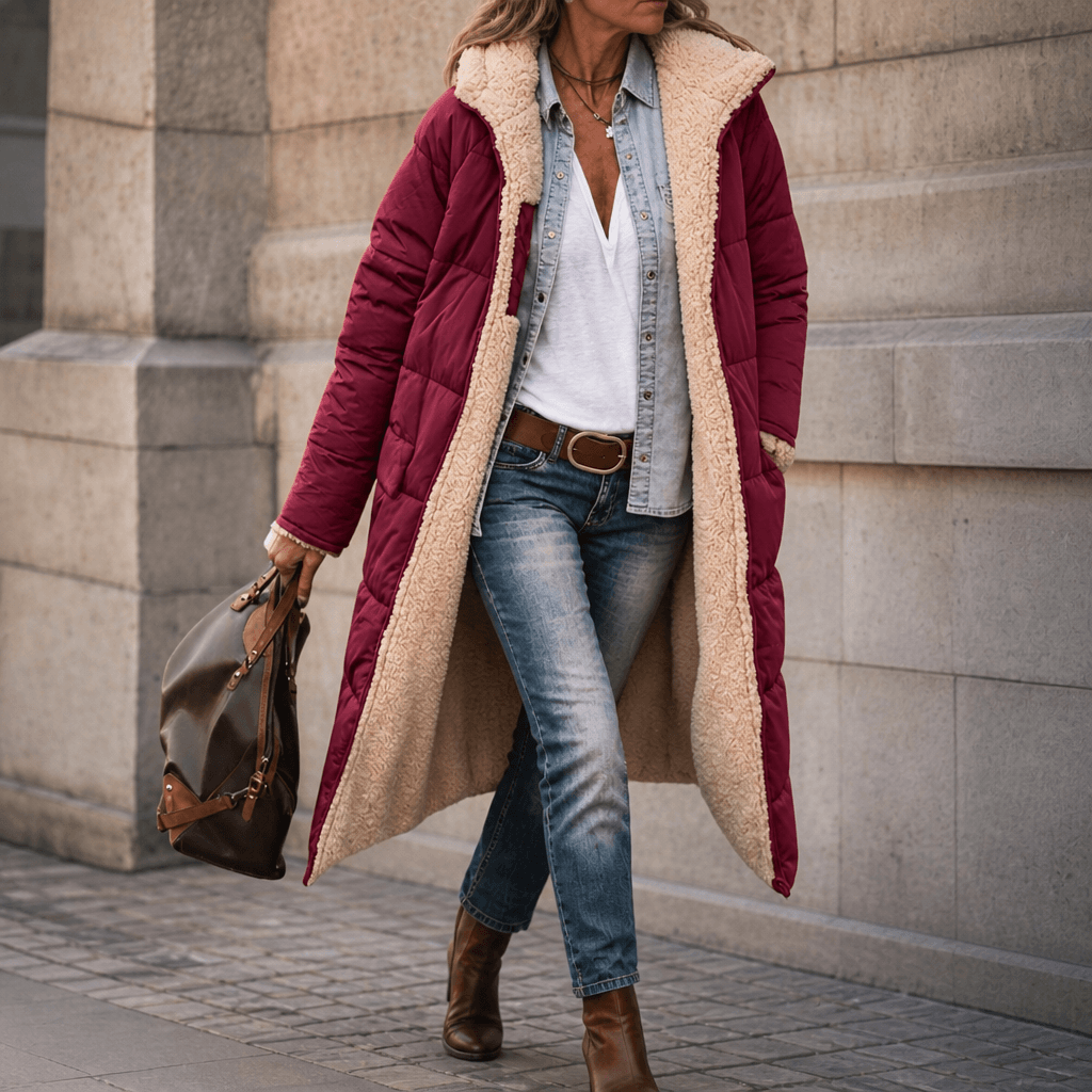Reversa Sherpa-Lined Longline Puffer Coat – Hooded Quilted Winter Jacket Women Oversized Warm Longline Coat