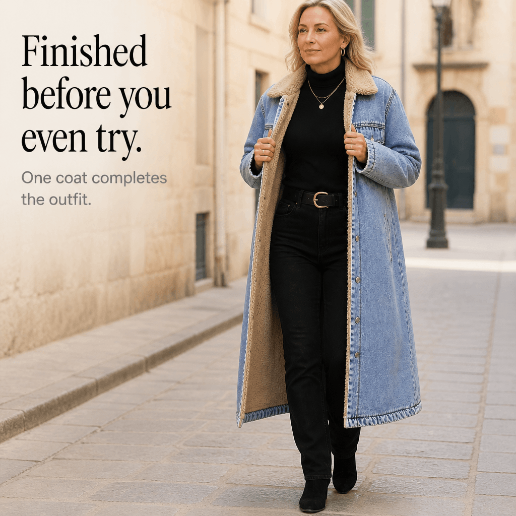 Denora Sherpa-Lined Longline Denim Coat – Women Oversized Full-Length Jean Jacket Winter Casual Streetwear