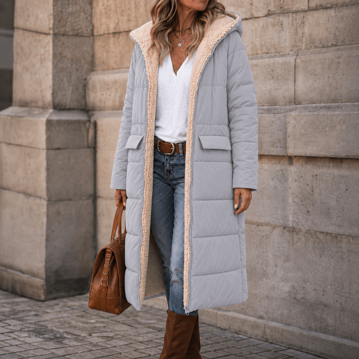 Reversa Sherpa-Lined Longline Puffer Coat – Hooded Quilted Winter Jacket Women Oversized Warm Longline Coat