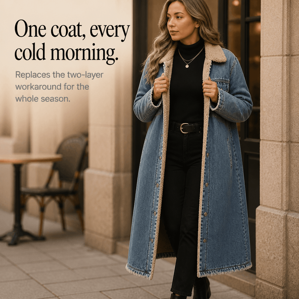 Denora Sherpa-Lined Longline Denim Coat – Women Oversized Full-Length Jean Jacket Winter Casual Streetwear