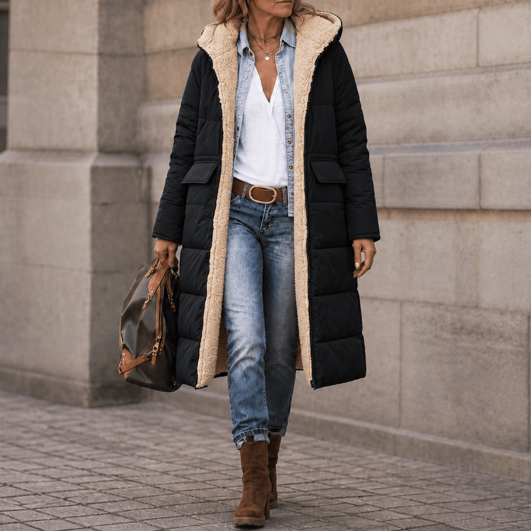 Reversa Sherpa-Lined Longline Puffer Coat – Hooded Quilted Winter Jacket Women Oversized Warm Longline Coat