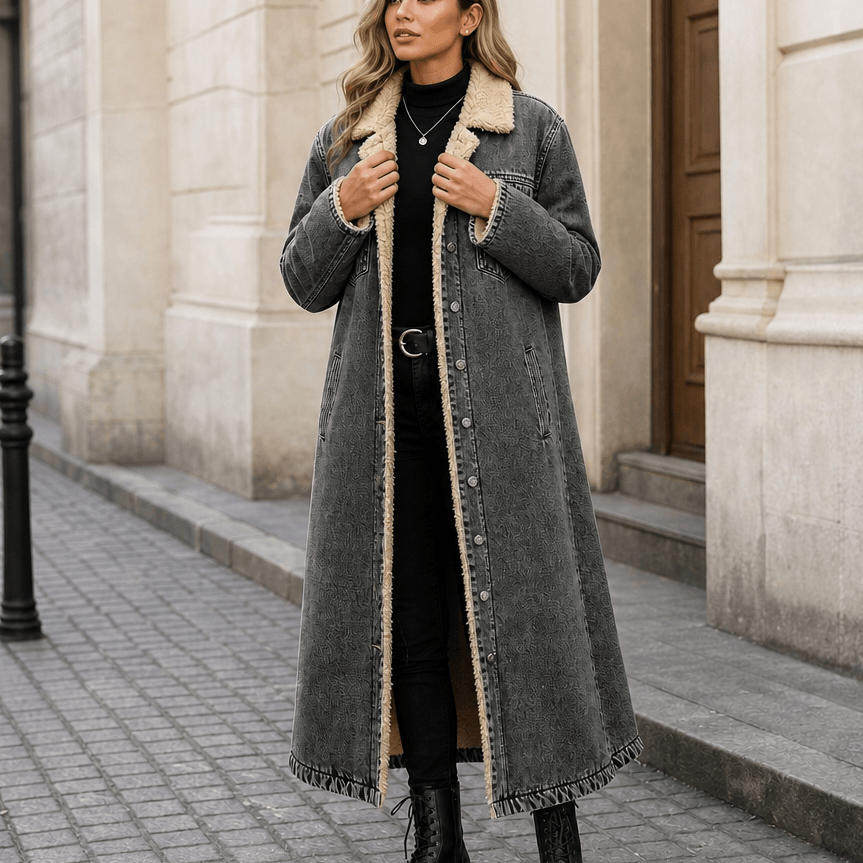 Denora Sherpa-Lined Longline Denim Coat – Women Oversized Full-Length Jean Jacket Winter Casual Streetwear