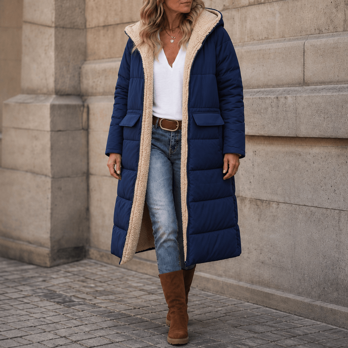 Reversa Sherpa-Lined Longline Puffer Coat – Hooded Quilted Winter Jacket Women Oversized Warm Longline Coat