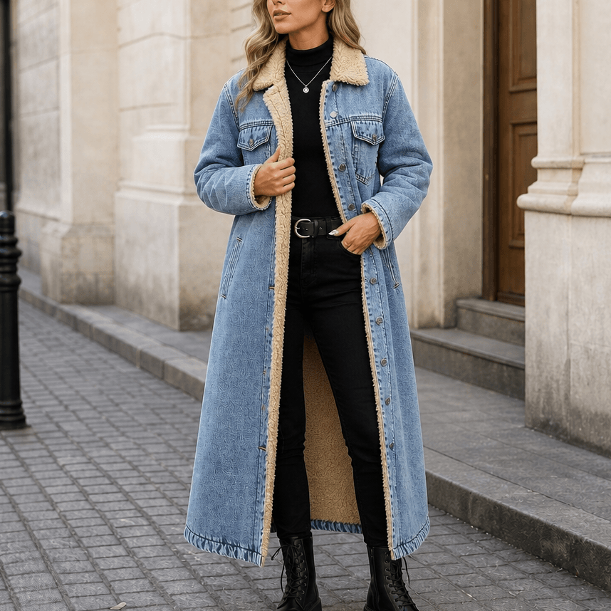 Denora Sherpa-Lined Longline Denim Coat – Women Oversized Full-Length Jean Jacket Winter Casual Streetwear