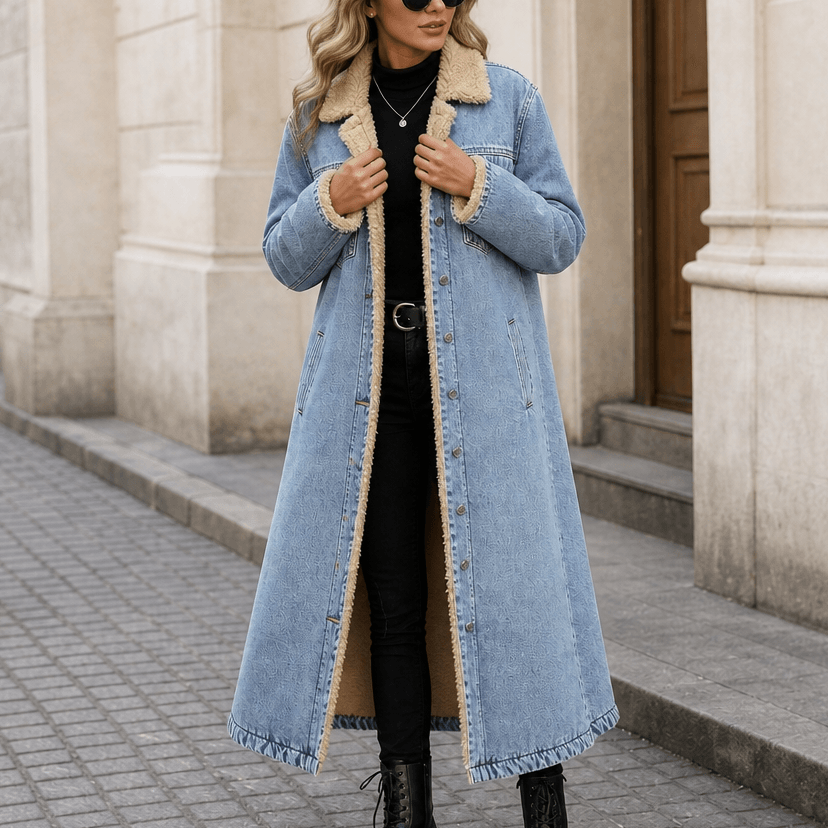 Denora Sherpa-Lined Longline Denim Coat – Women Oversized Full-Length Jean Jacket Winter Casual Streetwear