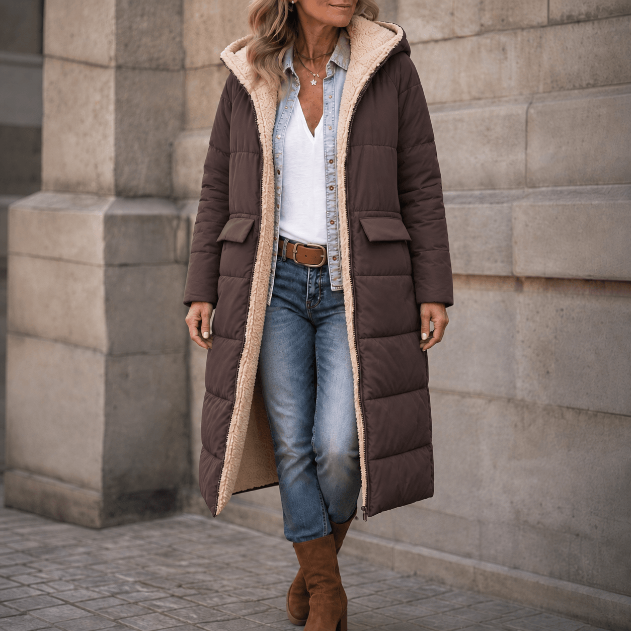 Reversa Sherpa-Lined Longline Puffer Coat – Hooded Quilted Winter Jacket Women Oversized Warm Longline Coat
