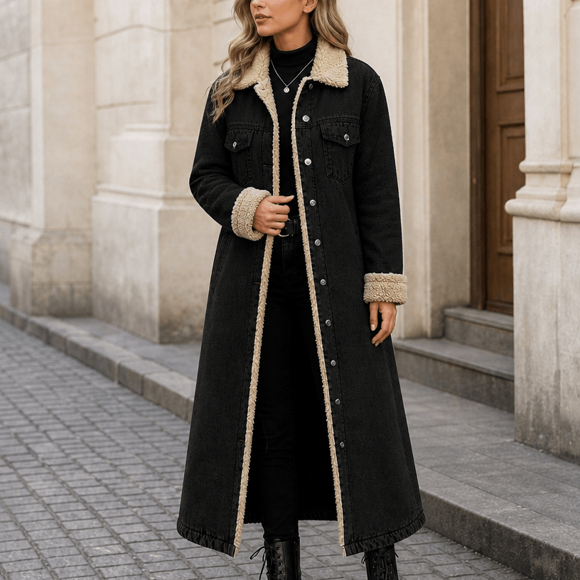 Denora Sherpa-Lined Longline Denim Coat – Women Oversized Full-Length Jean Jacket Winter Casual Streetwear