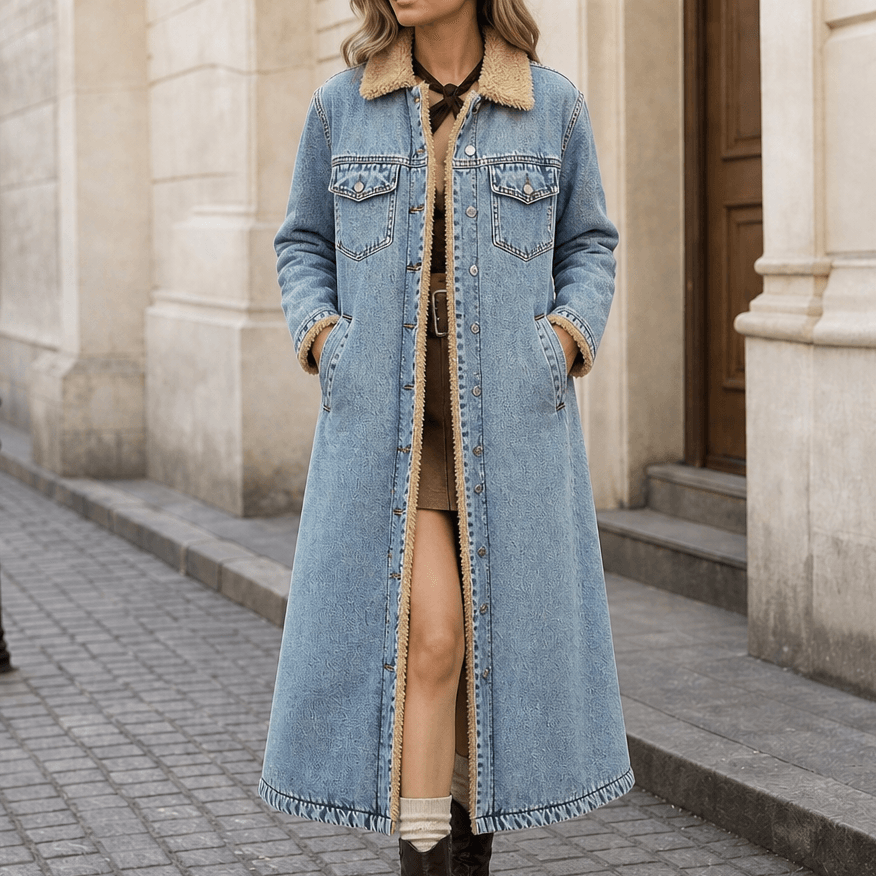 Denora Sherpa-Lined Longline Denim Coat – Women Oversized Full-Length Jean Jacket Winter Casual Streetwear