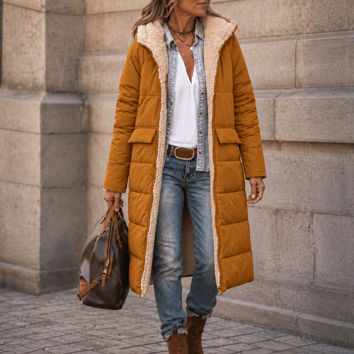 Reversa Sherpa-Lined Longline Puffer Coat – Hooded Quilted Winter Jacket Women Oversized Warm Longline Coat