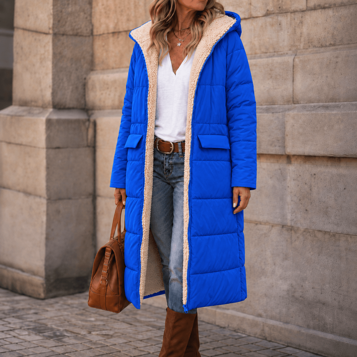 Reversa Sherpa-Lined Longline Puffer Coat – Hooded Quilted Winter Jacket Women Oversized Warm Longline Coat