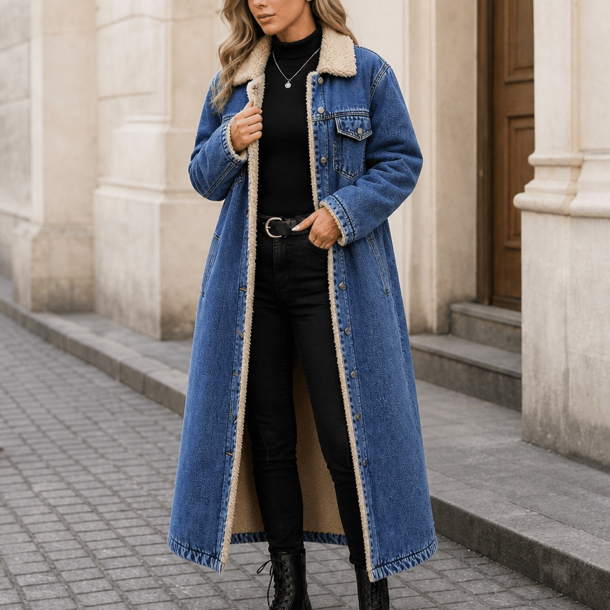 Denora Sherpa-Lined Longline Denim Coat – Women Oversized Full-Length Jean Jacket Winter Casual Streetwear