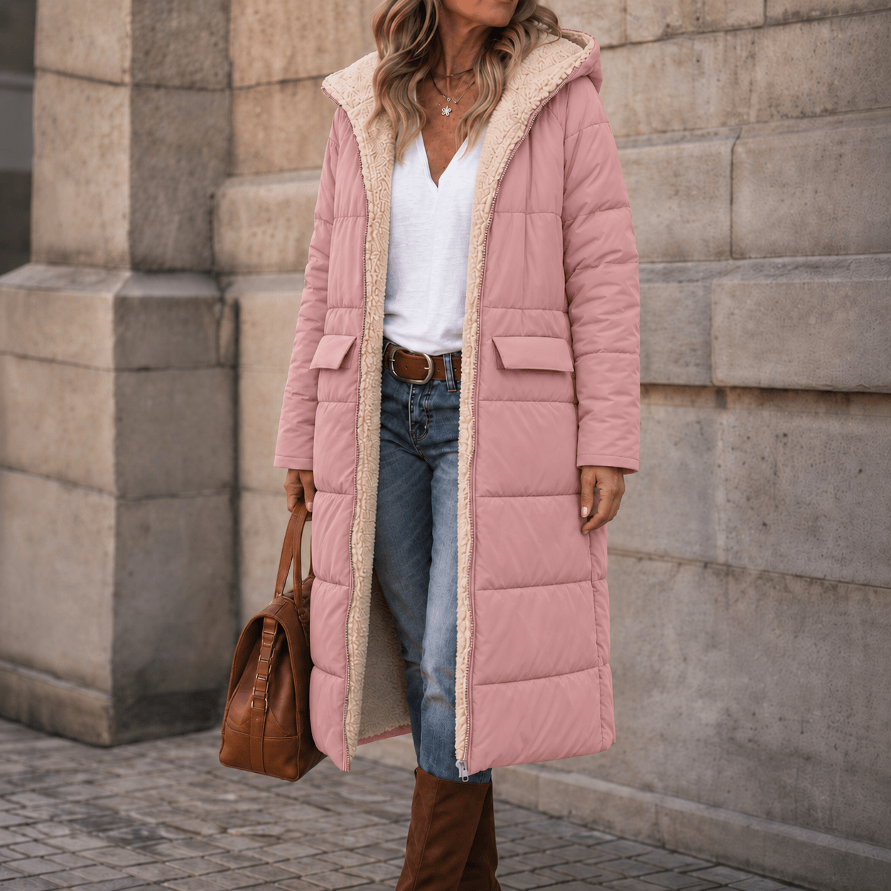 Reversa Sherpa-Lined Longline Puffer Coat – Hooded Quilted Winter Jacket Women Oversized Warm Longline Coat
