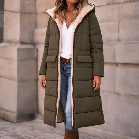 Reversa Sherpa-Lined Longline Puffer Coat – Hooded Quilted Winter Jacket Women Oversized Warm Longline Coat