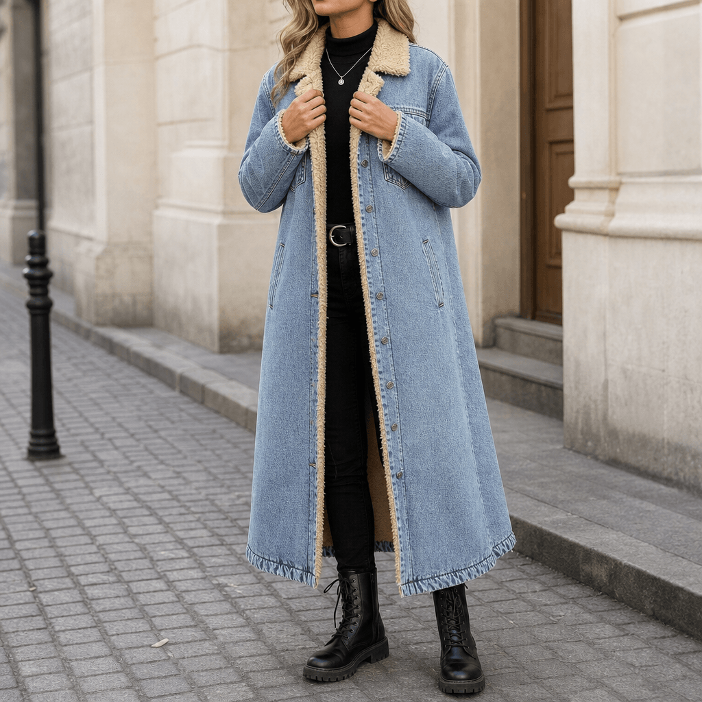 Denora Sherpa-Lined Longline Denim Coat – Women Oversized Full-Length Jean Jacket Winter Casual Streetwear